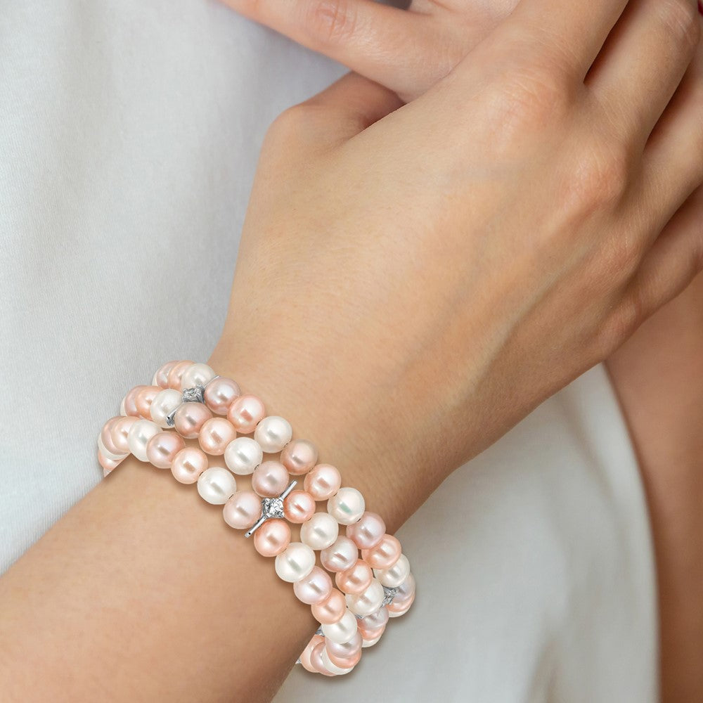 Sterling Silver RH-plated 7-8mm Multi Color FWC Pearl/CZ Flexible Bangle