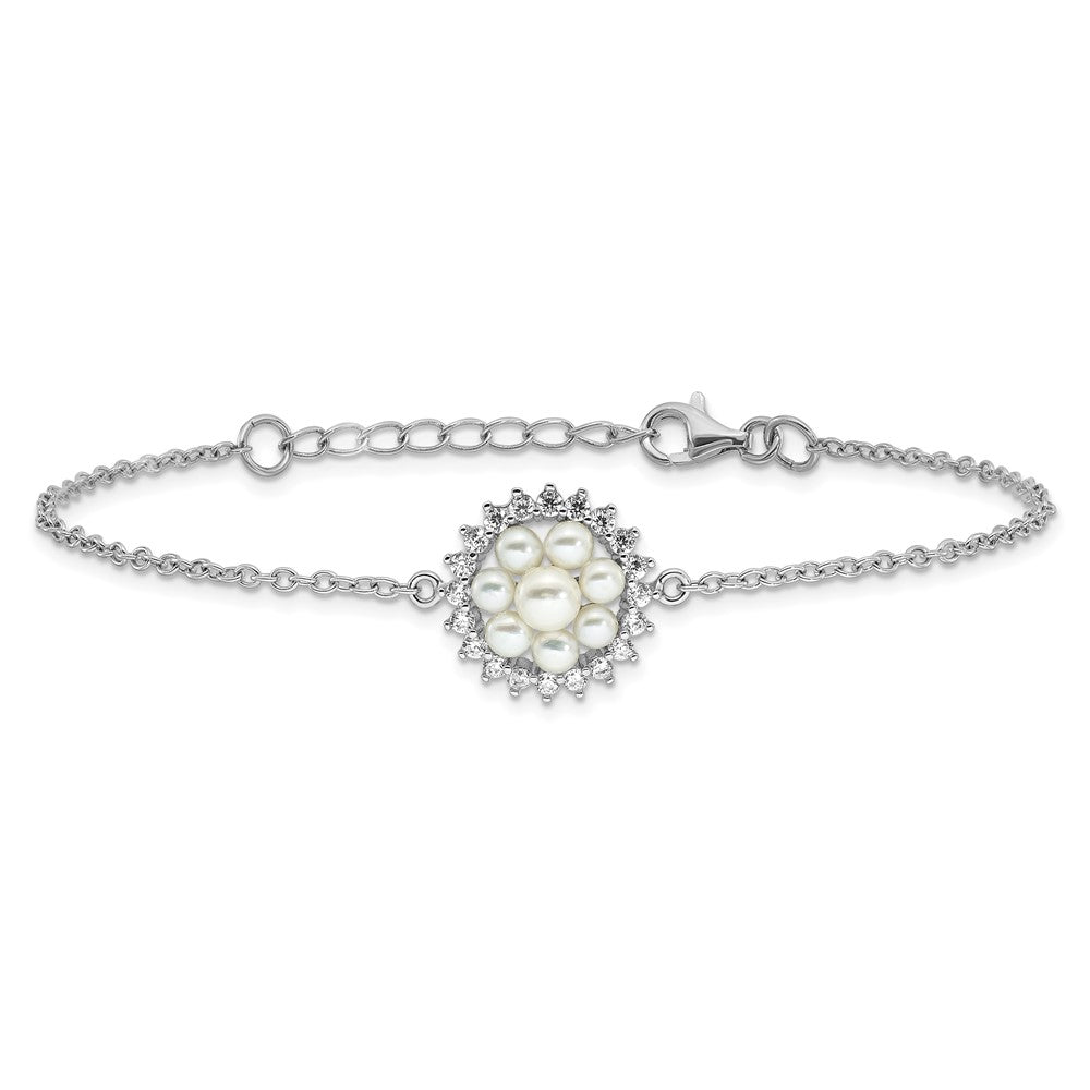 Sterling Silver RH-plated 3-5mm FWC Pearl CZ 7.25in w/1in ext Bracelet