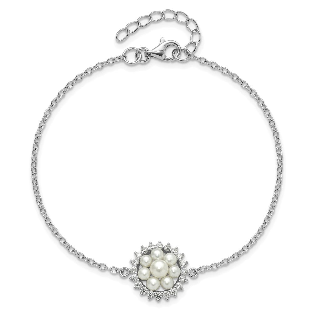 Sterling Silver RH-plated 3-5mm FWC Pearl CZ 7.25in w/1in ext Bracelet