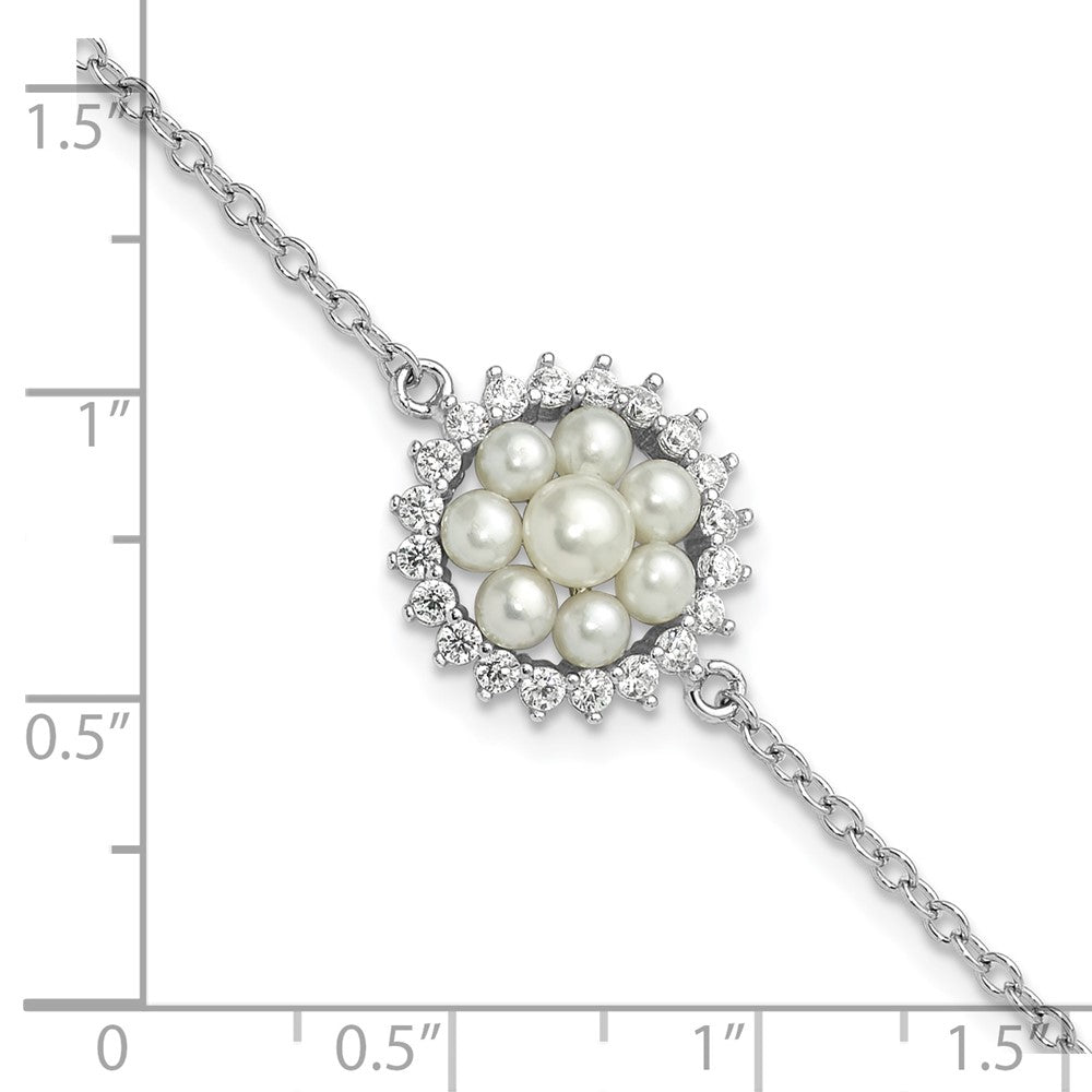 Sterling Silver RH-plated 3-5mm FWC Pearl CZ 7.25in w/1in ext Bracelet