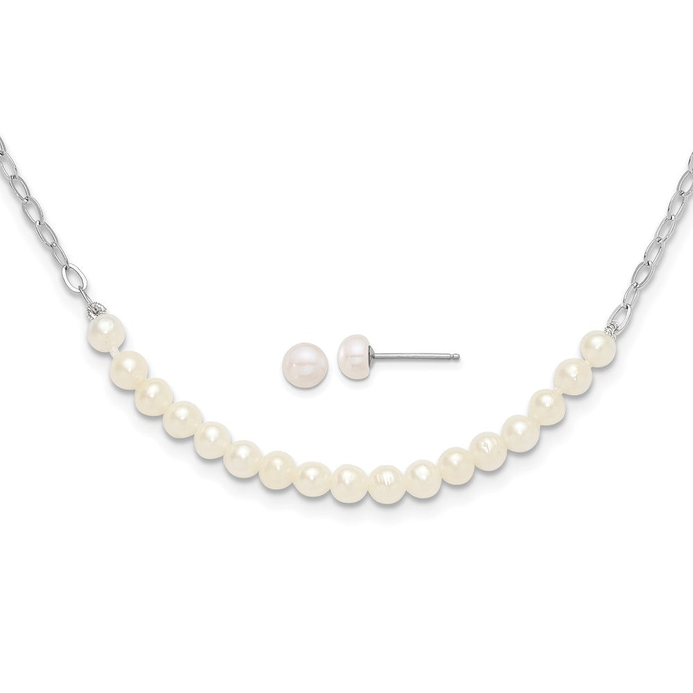 Sterling Silver RH-plated White FWC Pearl 18in Necklace/Post Earring Set