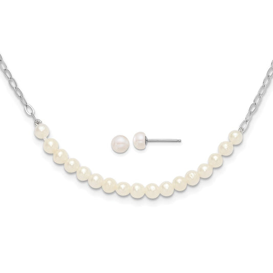 Sterling Silver RH-plated White FWC Pearl 18in Necklace/Post Earring Set