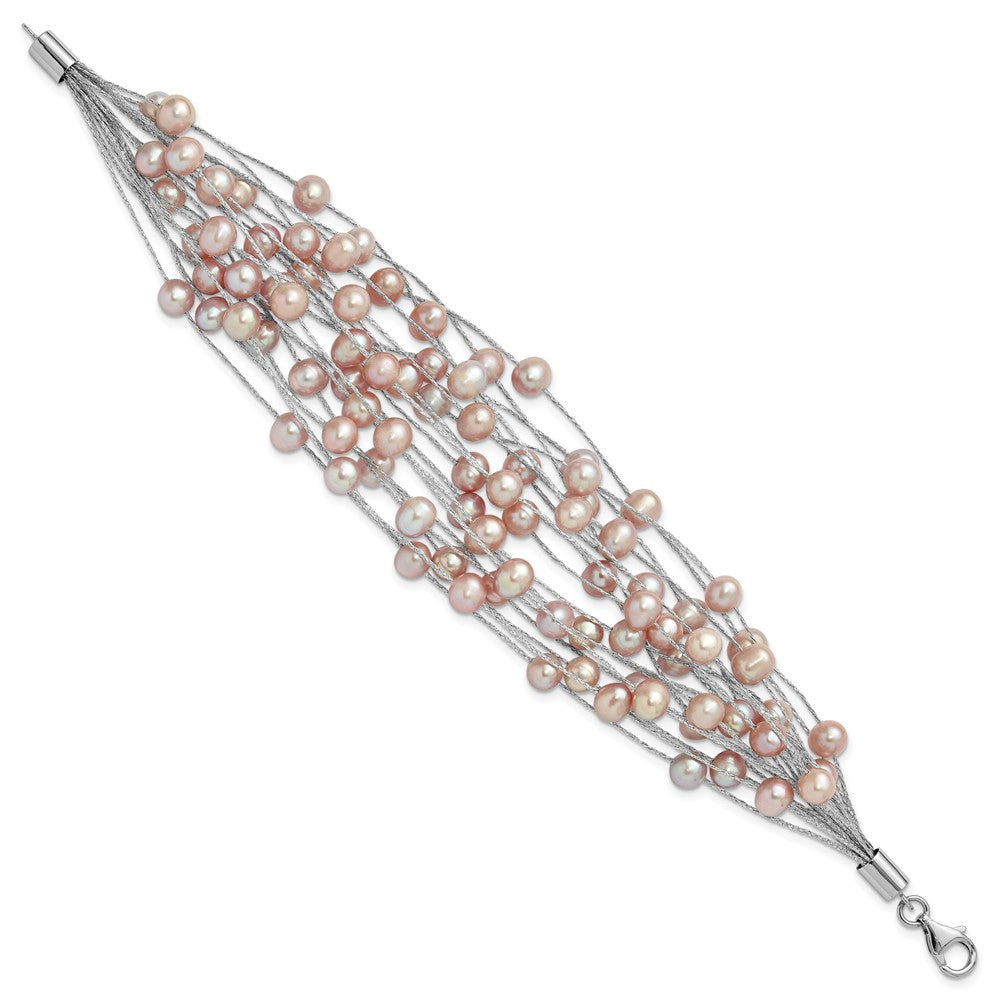 Sterling Silver RH-plated Multi Strand 5-6mm Pink FWC Pearl 7.5in Bracelet