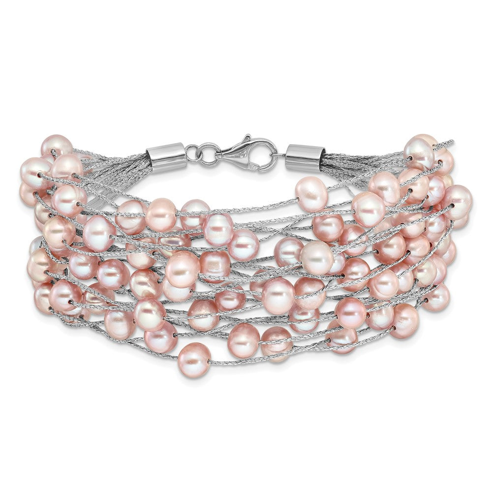 Sterling Silver RH-plated Multi Strand 5-6mm Pink FWC Pearl 7.5in Bracelet