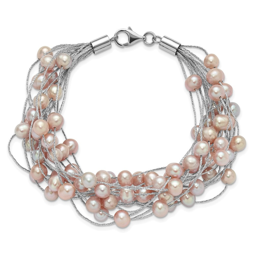 Sterling Silver RH-plated Multi Strand 5-6mm Pink FWC Pearl 7.5in Bracelet