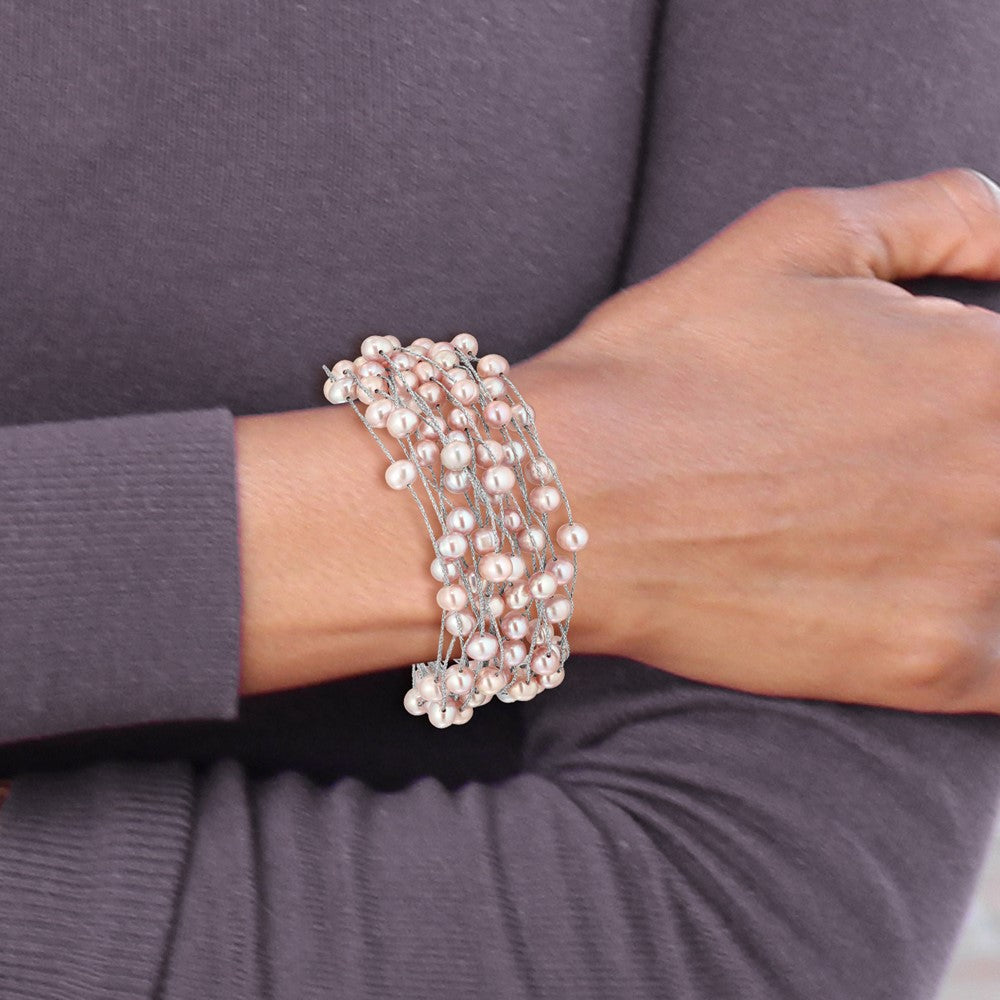 Sterling Silver RH-plated Multi Strand 5-6mm Pink FWC Pearl 7.5in Bracelet
