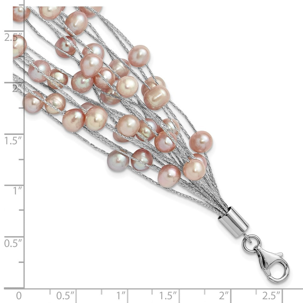 Sterling Silver RH-plated Multi Strand 5-6mm Pink FWC Pearl 7.5in Bracelet
