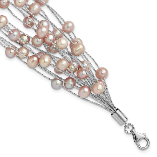 Sterling Silver RH-plated Multi Strand 5-6mm Pink FWC Pearl 7.5in Bracelet