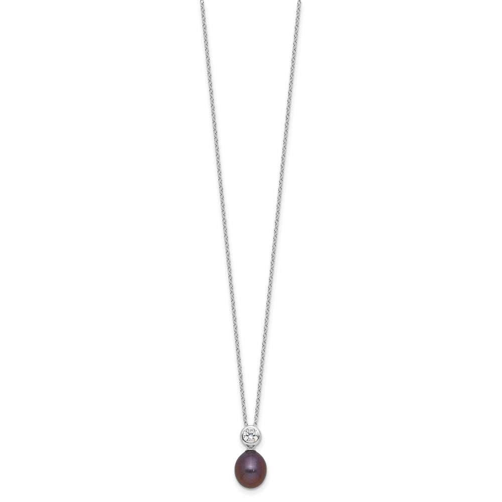 Sterling Silver Rhodium-plated 7-8mm Black Rice Freshwater Cultured Pearl and CZ 17 inch Necklace