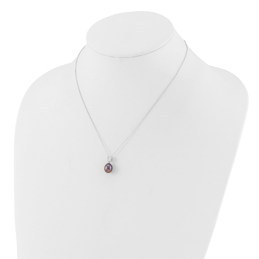 Sterling Silver Rhodium-plated 7-8mm Black Rice Freshwater Cultured Pearl and CZ 17 inch Necklace