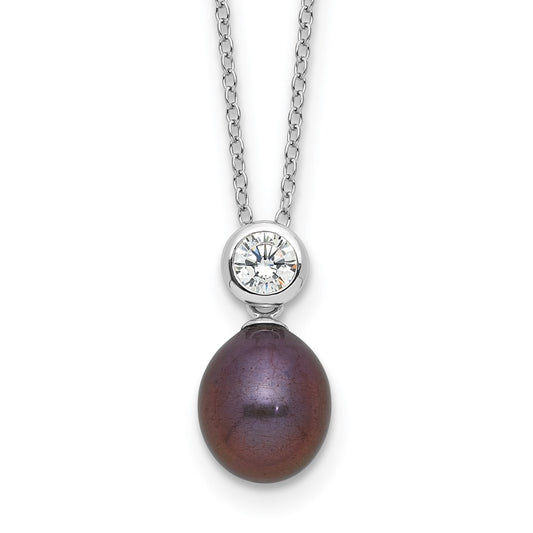 Sterling Silver Rhodium-plated 7-8mm Black Rice Freshwater Cultured Pearl and CZ 17 inch Necklace