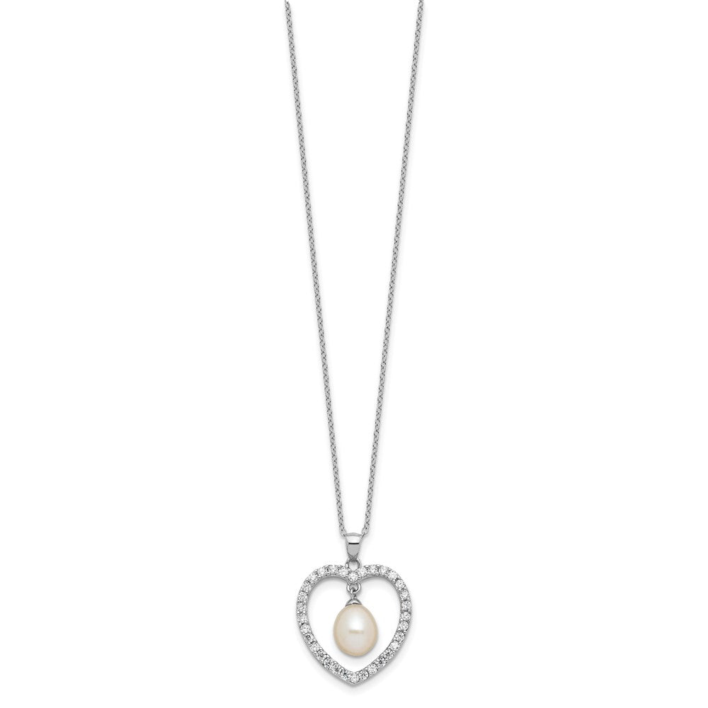 Sterling Silver Rhodium-plated 8-8.5mm White Teardrop Freshwater Cultured Pearl and CZ Heart 17 inch Necklace