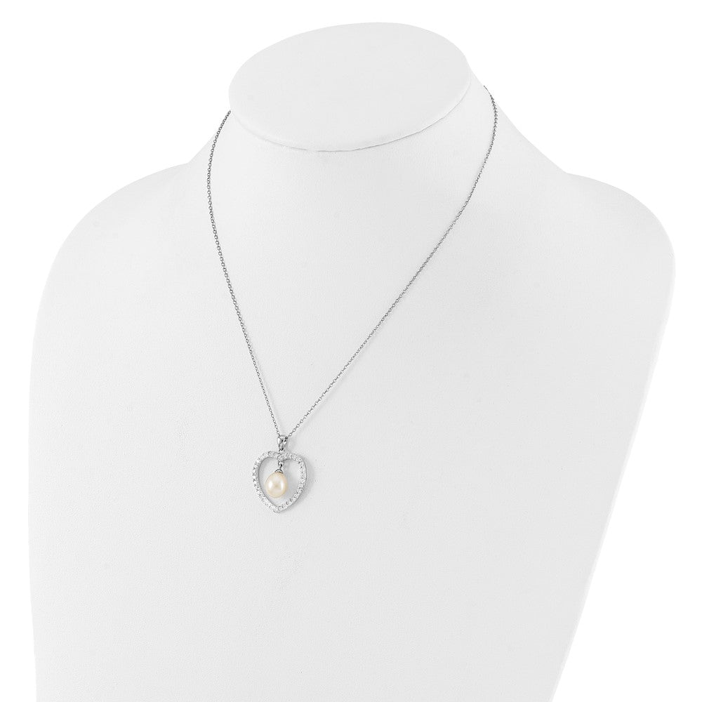 Sterling Silver Rhodium-plated 8-8.5mm White Teardrop Freshwater Cultured Pearl and CZ Heart 17 inch Necklace