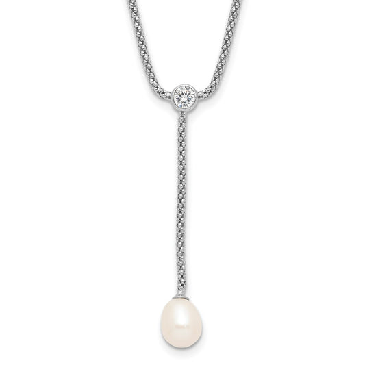 Sterling Silver Rhodium-plated 8-9mm Teardrop Freshwater Cultured Pearl and CZ Drop Dangle 18 inch Necklace
