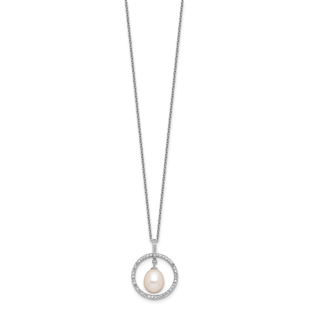 Sterling Silver Rhodium-plated 8-9mm White Teardrop Freshwater Cultured Pearl and CZ Circle 17 inch Necklace