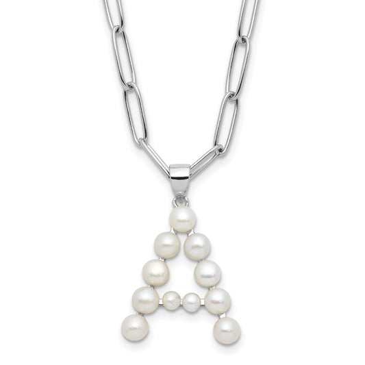 Sterling Silver Rhodium-plated 3-5.5mm White Button Freshwater Cultured Pearl LETTER A 18 inch Necklace