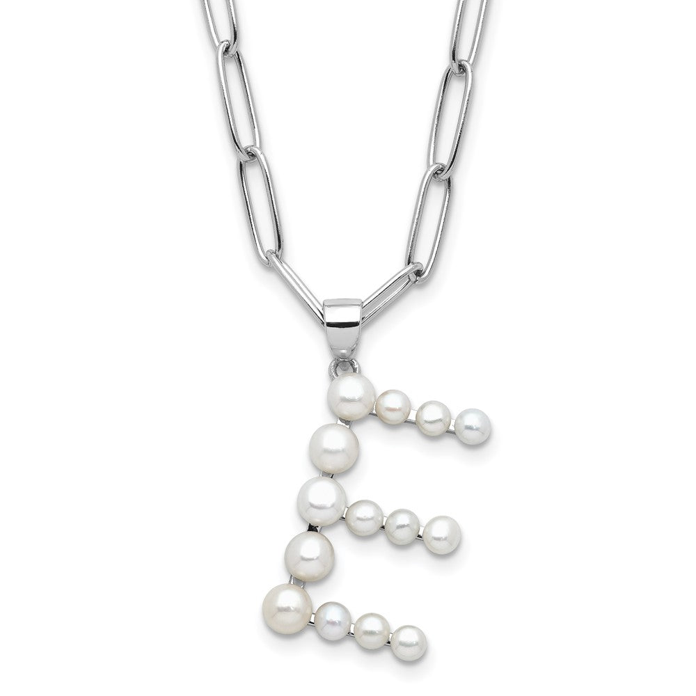 Sterling Silver Rhodium-plated 3-5.5mm White Button Freshwater Cultured Pearl LETTER E 18 inch Necklace