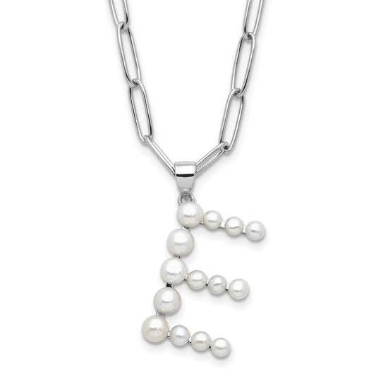 Sterling Silver Rhodium-plated 3-5.5mm White Button Freshwater Cultured Pearl LETTER E 18 inch Necklace