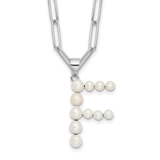 Sterling Silver Rhodium-plated 3-5.5mm White Button Freshwater Cultured Pearl LETTER F 18 inch Necklace