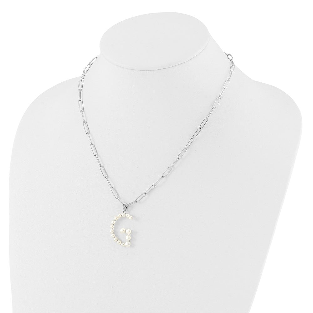 Sterling Silver Rhodium-plated 3-5.5mm White Button Freshwater Cultured Pearl LETTER G 18 inch Necklace
