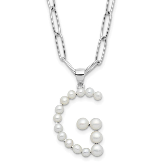 Sterling Silver Rhodium-plated 3-5.5mm White Button Freshwater Cultured Pearl LETTER G 18 inch Necklace