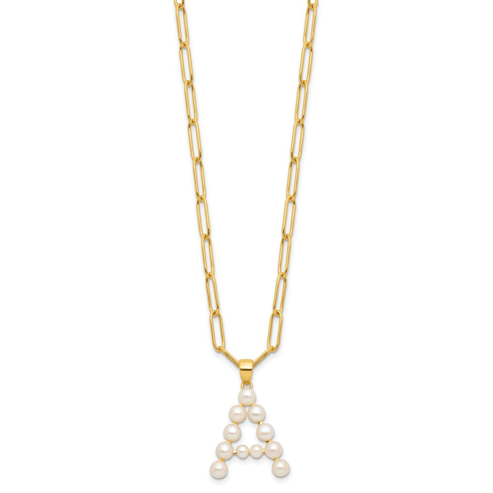 Sterling Silver Gold-plated 3-5.5mm White Button Freshwater Cultured Pearl LETTER A 18 inch Necklace