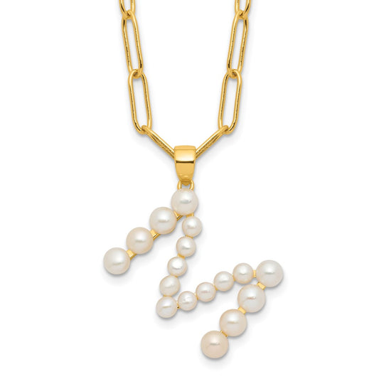 Sterling Silver Gold-plated 3-5.5mm White Button Freshwater Cultured Pearl LETTER M 18 inch Necklace
