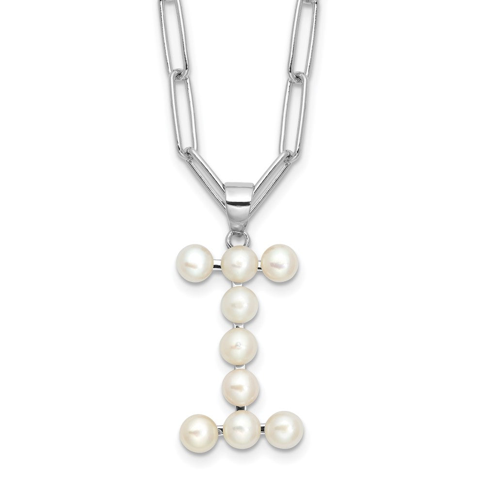 Sterling Silver Rhodium-plated 3-5.5mm White Button Freshwater Cultured Pearl LETTER I 18 inch Necklace