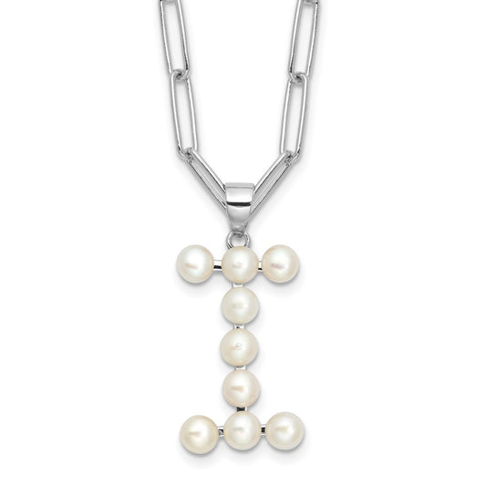 Sterling Silver Rhodium-plated 3-5.5mm White Button Freshwater Cultured Pearl LETTER I 18 inch Necklace