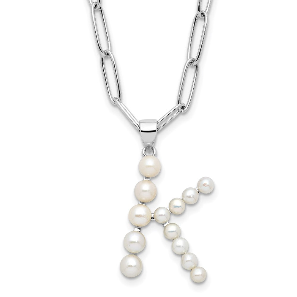Sterling Silver Rhodium-plated 3-5.5mm White Button Freshwater Cultured Pearl LETTER K 18 inch Necklace