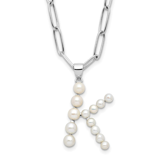 Sterling Silver Rhodium-plated 3-5.5mm White Button Freshwater Cultured Pearl LETTER K 18 inch Necklace