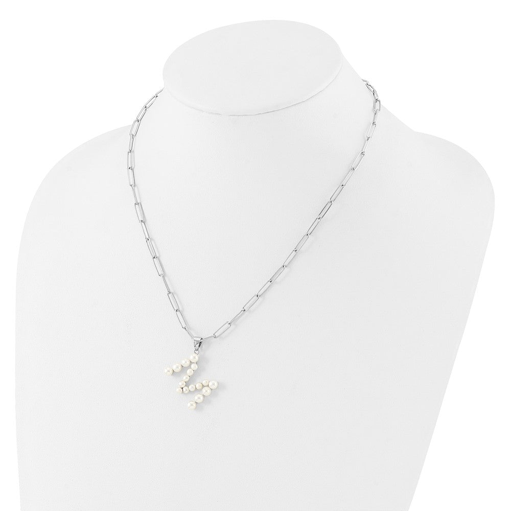 Sterling Silver Rhodium-plated 3-5.5mm White Button Freshwater Cultured Pearl LETTER M 18 inch Necklace