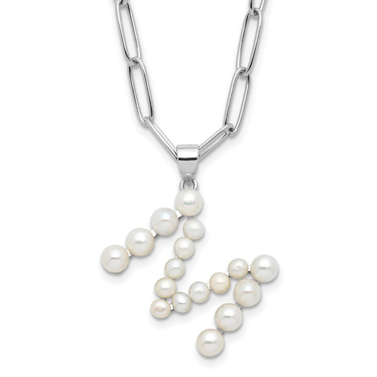 Sterling Silver Rhodium-plated 3-5.5mm White Button Freshwater Cultured Pearl LETTER M 18 inch Necklace