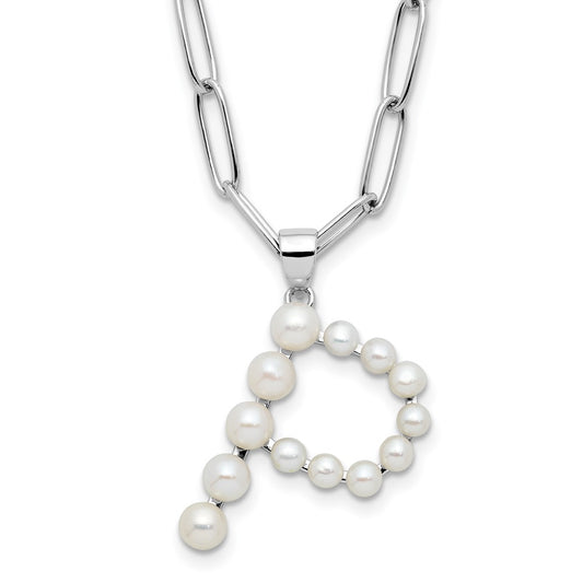 Sterling Silver Rhodium-plated 3-5.5mm White Button Freshwater Cultured Pearl LETTER P 18 inch Necklace