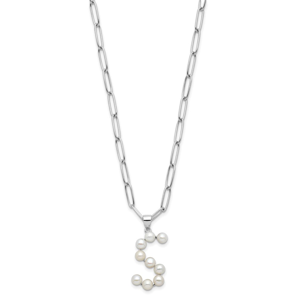 Sterling Silver Rhodium-plated 3-5.5mm White Button Freshwater Cultured Pearl LETTER S 18 inch Necklace