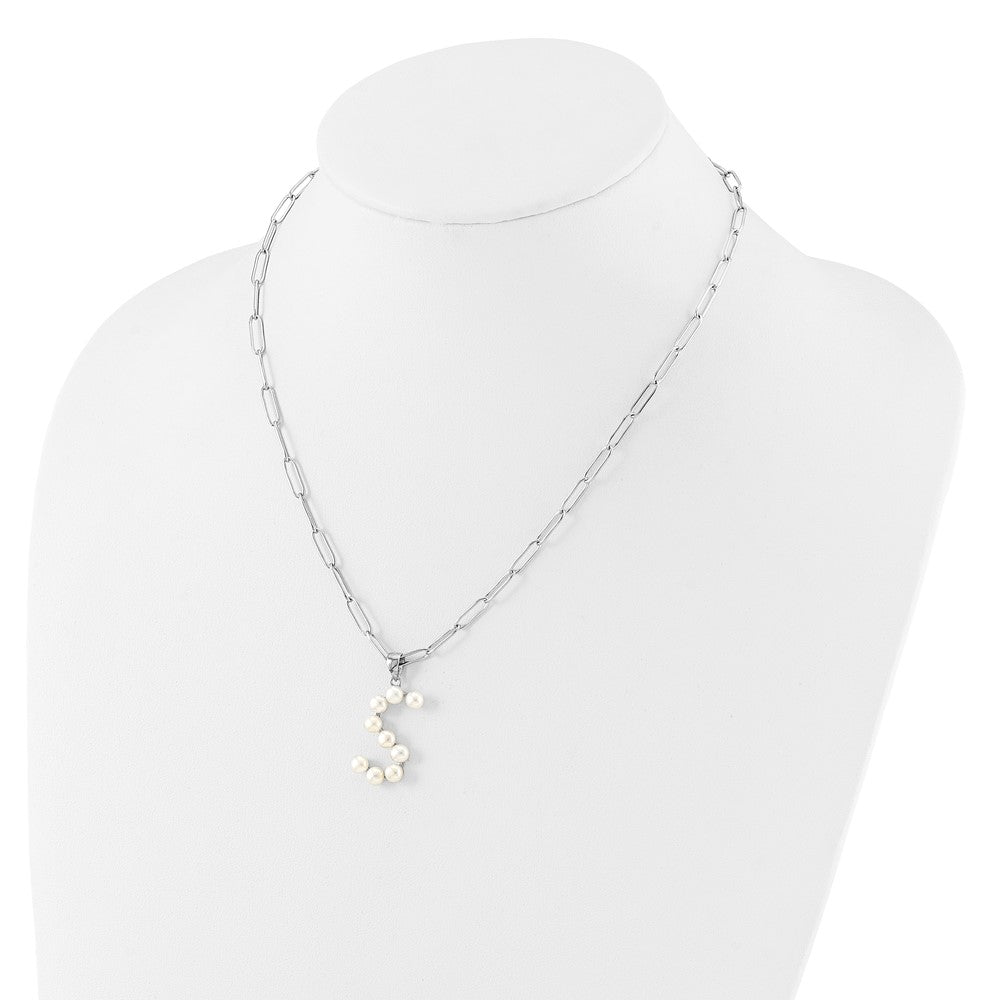 Sterling Silver Rhodium-plated 3-5.5mm White Button Freshwater Cultured Pearl LETTER S 18 inch Necklace