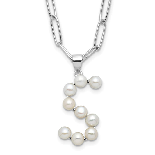 Sterling Silver Rhodium-plated 3-5.5mm White Button Freshwater Cultured Pearl LETTER S 18 inch Necklace