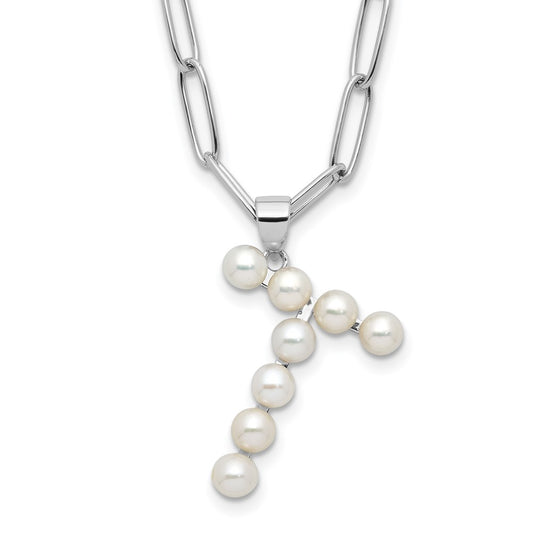 Sterling Silver Rhodium-plated 3-5.5mm White Button Freshwater Cultured Pearl LETTER T 18 inch Necklace
