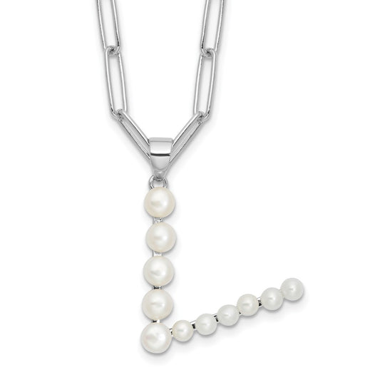 Sterling Silver Rhodium-plated 3-5.5mm White Button Freshwater Cultured Pearl LETTER V 18 inch Necklace