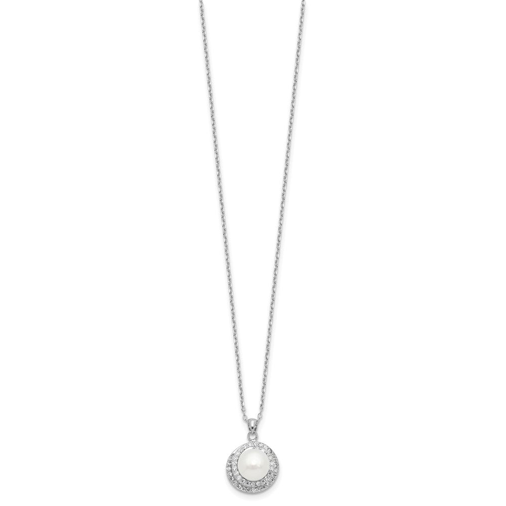 Sterling Silver RH-plated FWC Pearl/CZ 17in Necklace and Post Earrings Set