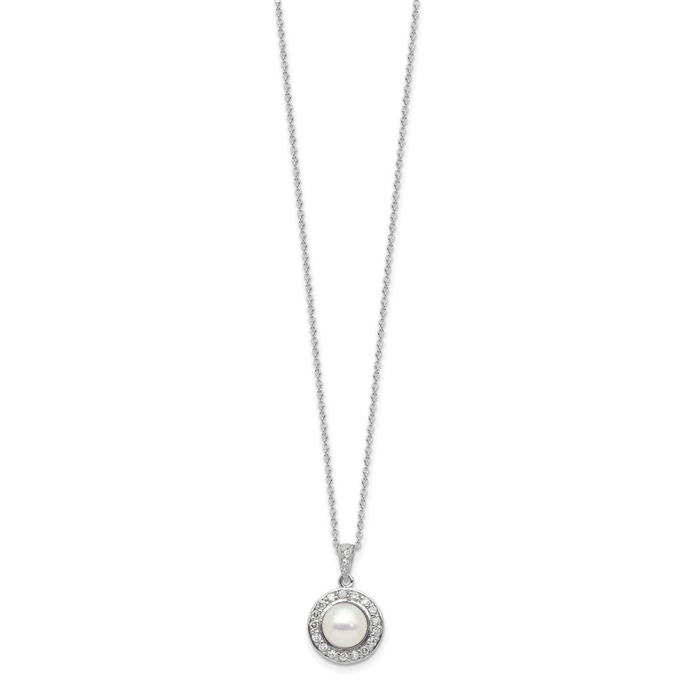 Sterling Silver RH-plated FWC Pearl/CZ 17in Necklace and Post Earrings Set