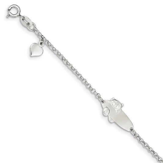 Sterling Silver Polished Teddy Bear 5in Plus 1in Ext ID Bracelet