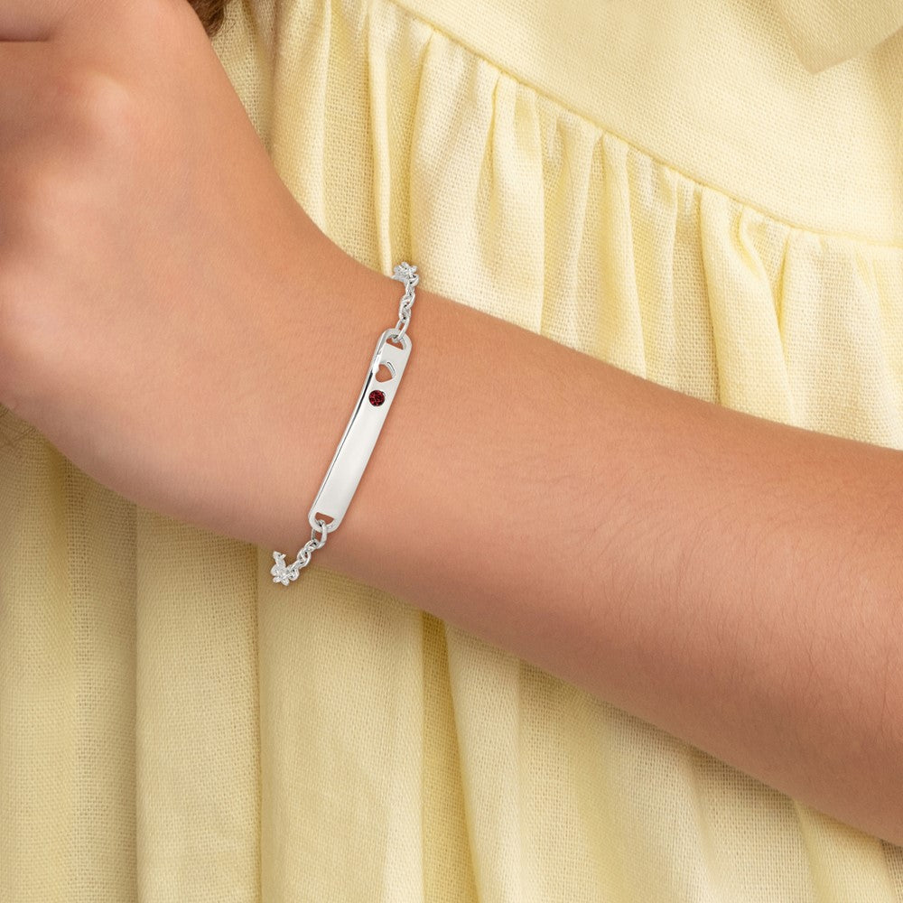 Sterling Silver Polished ID with Red CZ Heart Bracelet
