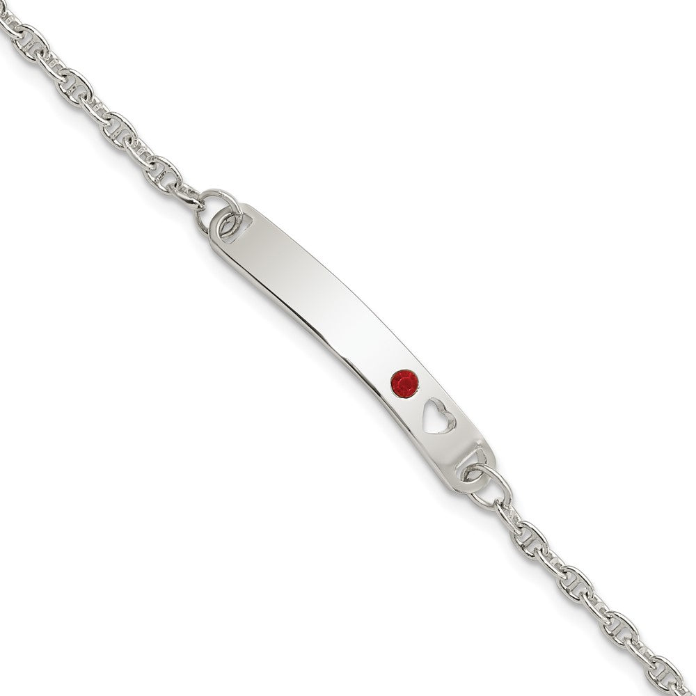 Sterling Silver Polished ID with Red CZ Heart Bracelet