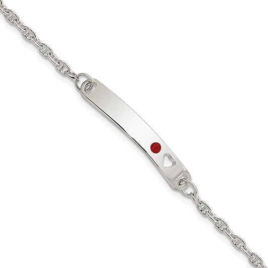 Sterling Silver Polished ID with Red CZ Heart Bracelet