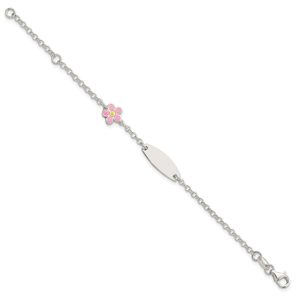 Sterling Silver Enameled Flower 5in Plus 1IN EXT ID Bracelet