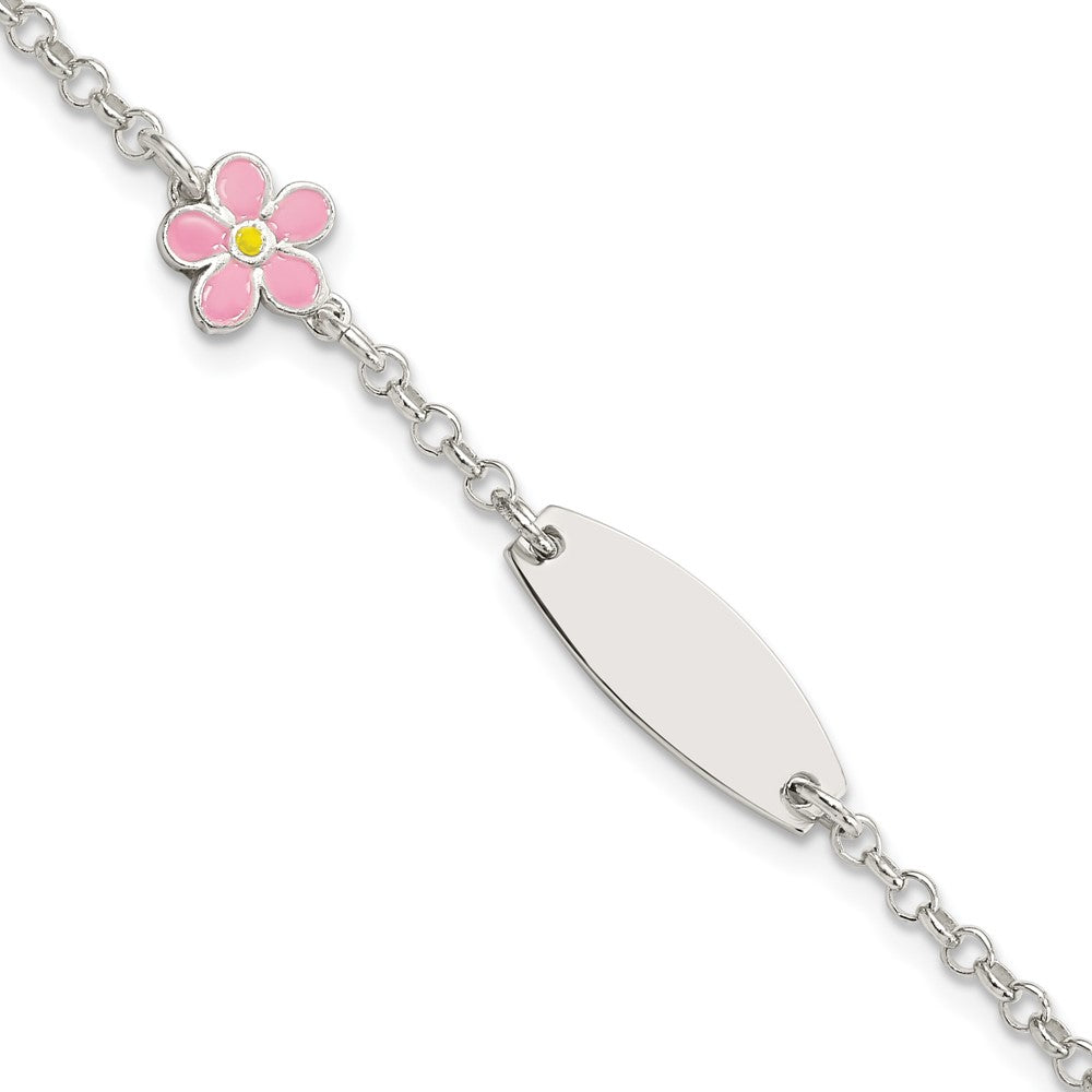 Sterling Silver Enameled Flower 5in Plus 1IN EXT ID Bracelet