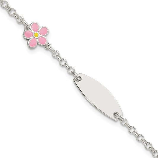 Sterling Silver Enameled Flower 5in Plus 1IN EXT ID Bracelet