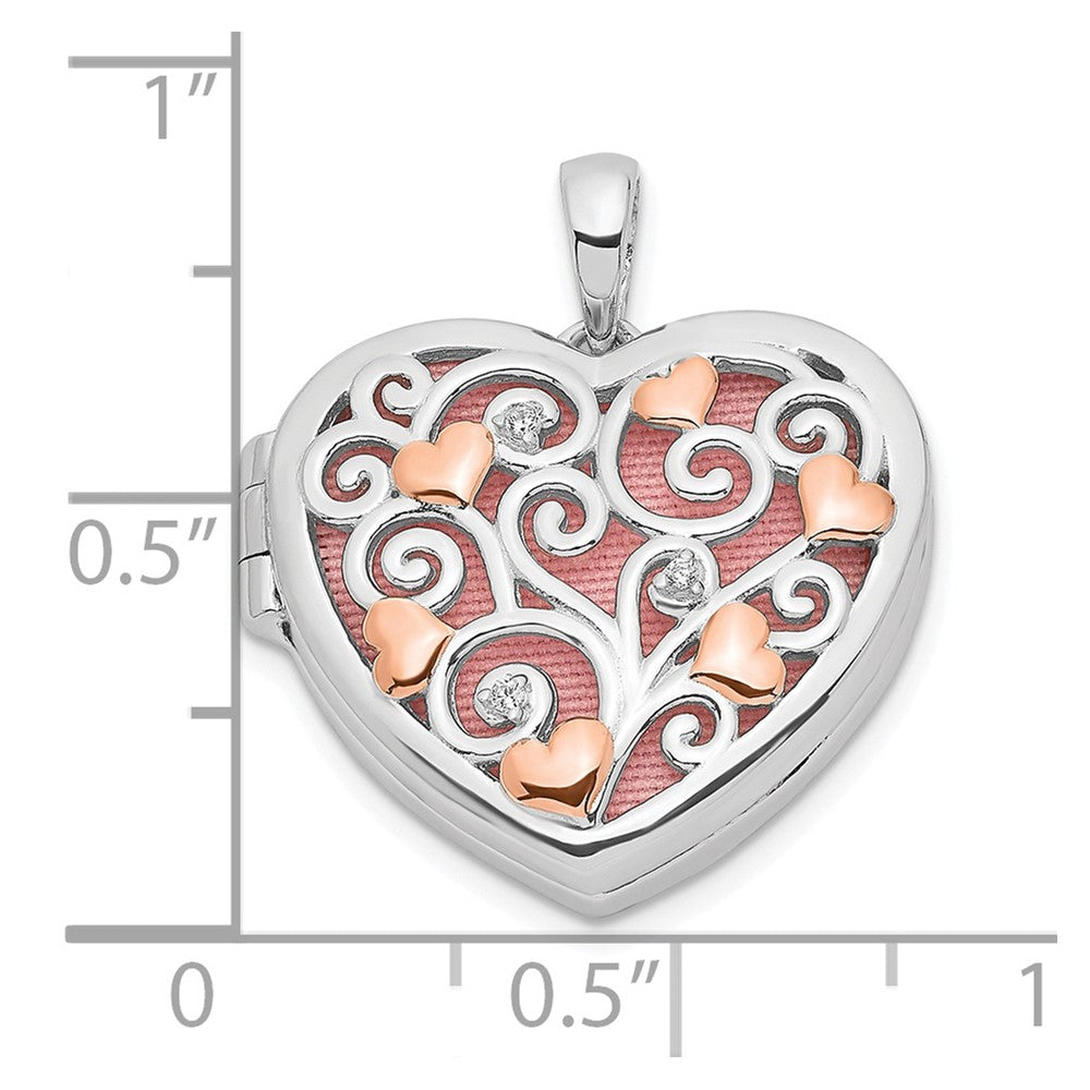 Sterling Silver Rhodium-plated CZ Rose Rhodium Filigree 18mm Heart Locket