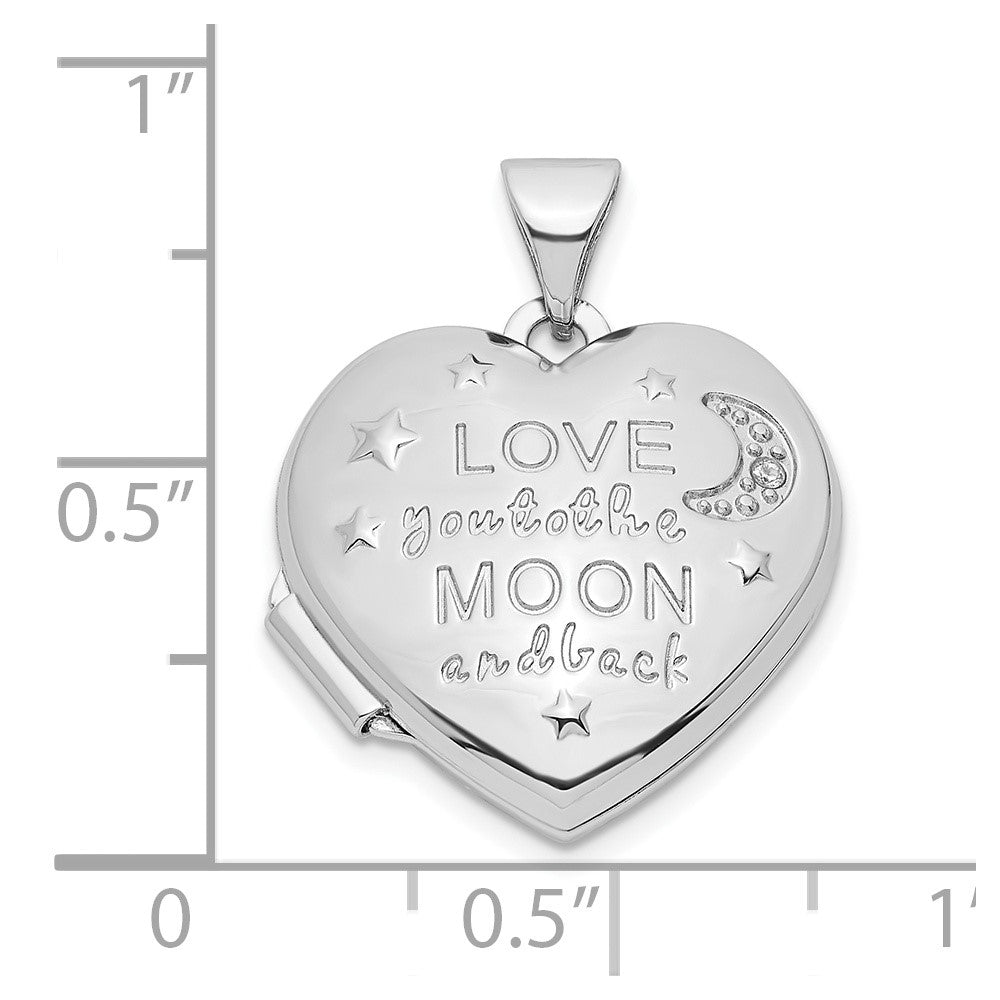 Sterling Silver Rhodium-plated CZ Love Moon and Back 18mm Heart Locket